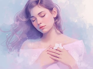 A depiction of a woman tenderly placing her hands over her heart and eyes are closed, pastel shades of colours