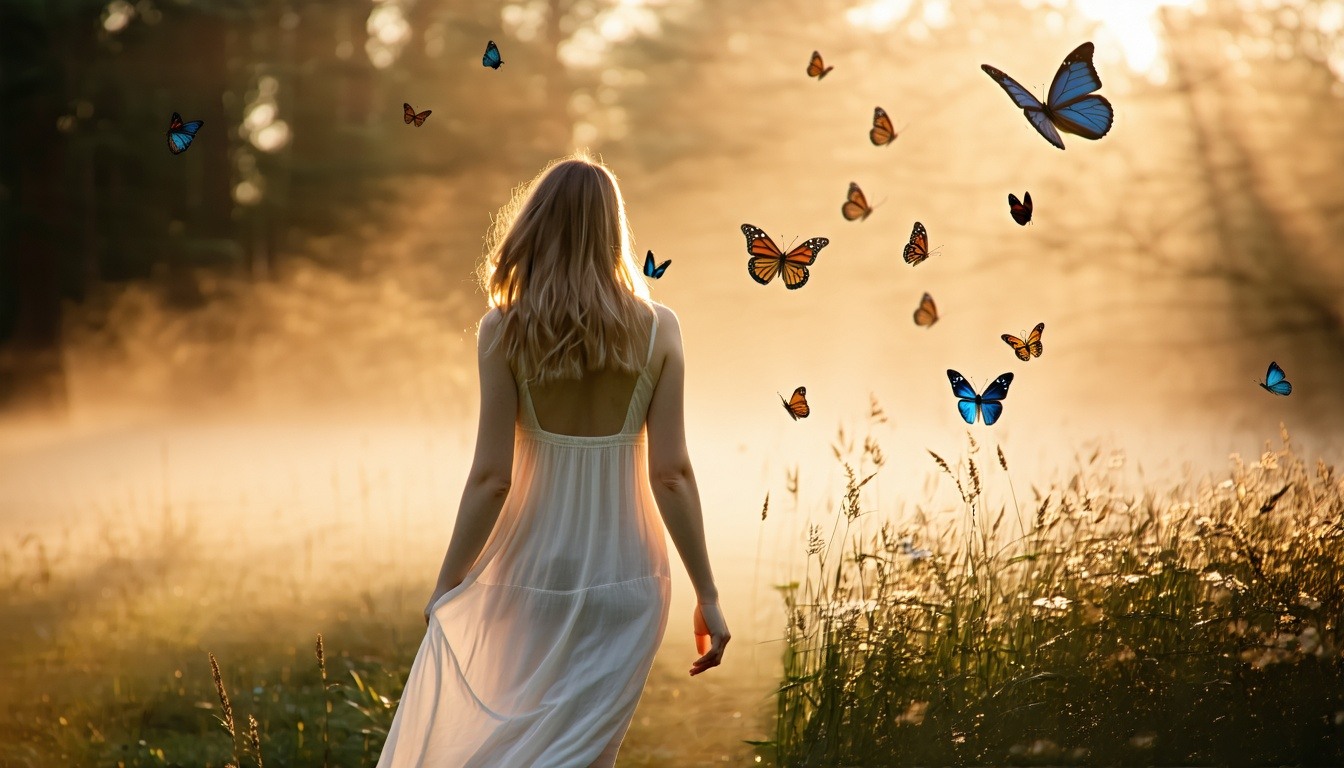 A woman wearing a white dress walks through a beautiful field alive with colourful butterflies dancing around her