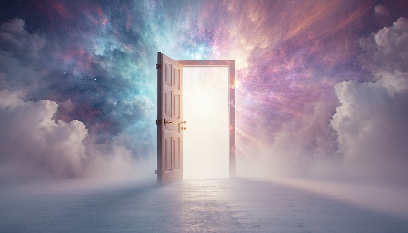 An open door reveals a bright light in a room filled with clouds, suggesting a sense of wonder and possibility when you allow integration to happen
