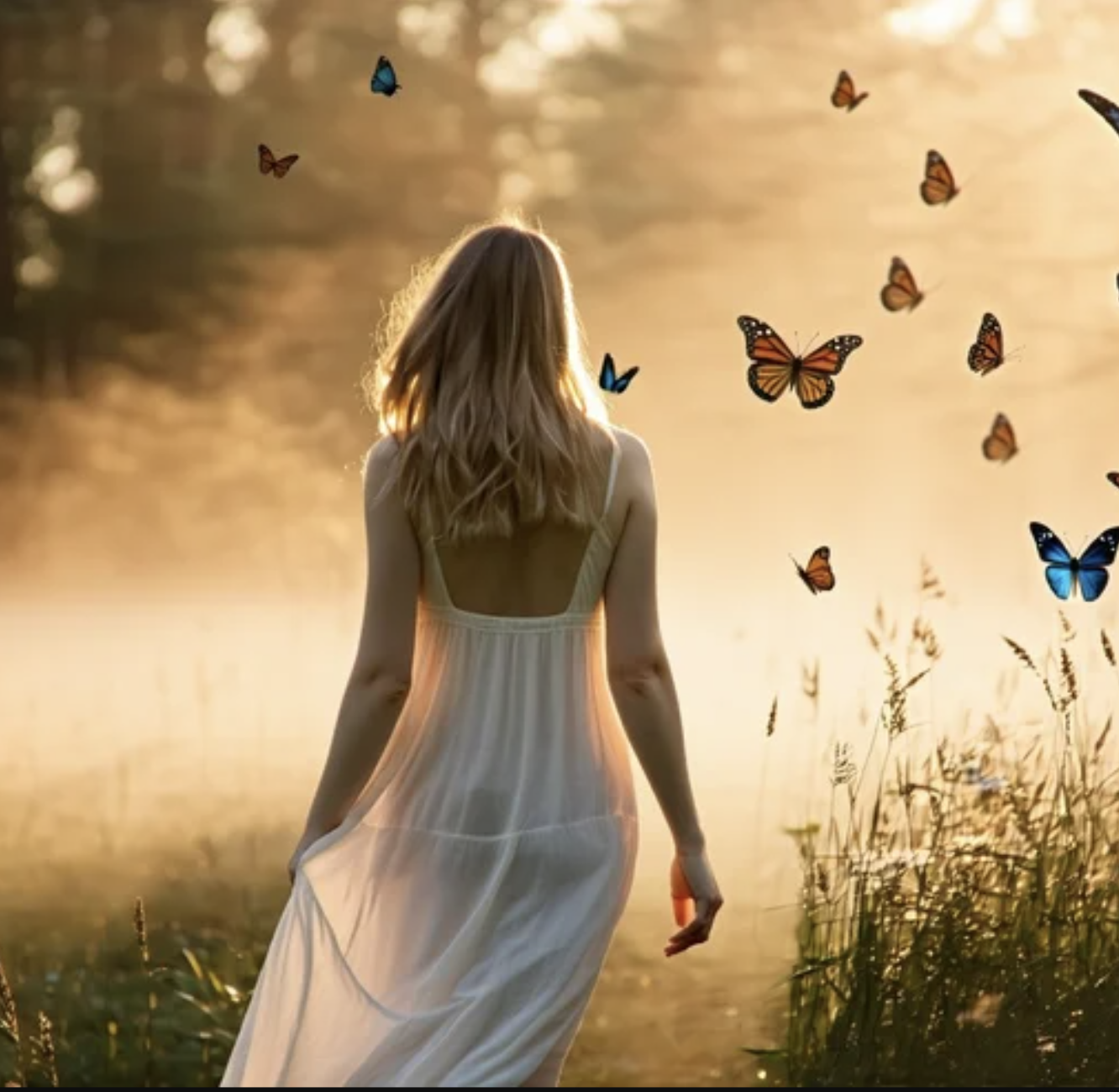 . A woman in a white dress walks through a field, surrounded by colorful butterflies fluttering around her. . A woman in a white dress walks through a field, surrounded by colorful butterflies fluttering around her.