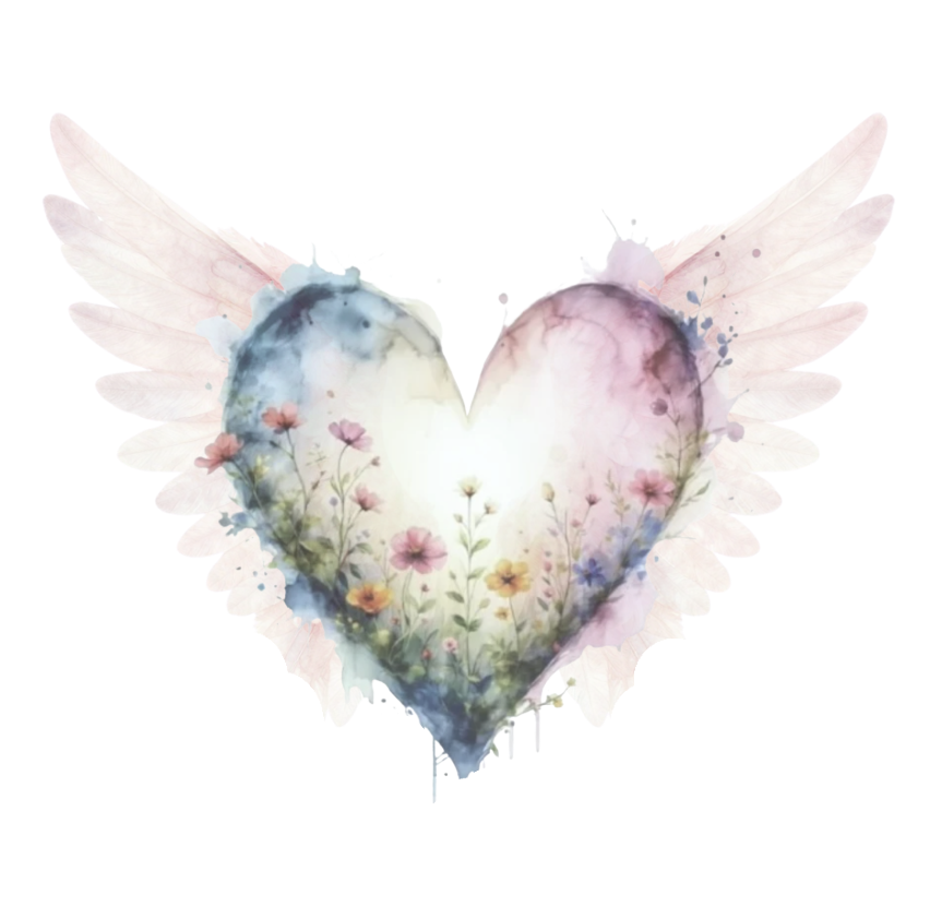 Ethereal watercolour heart with angel wings and flowers depicting Rahanni Celestial Healing 