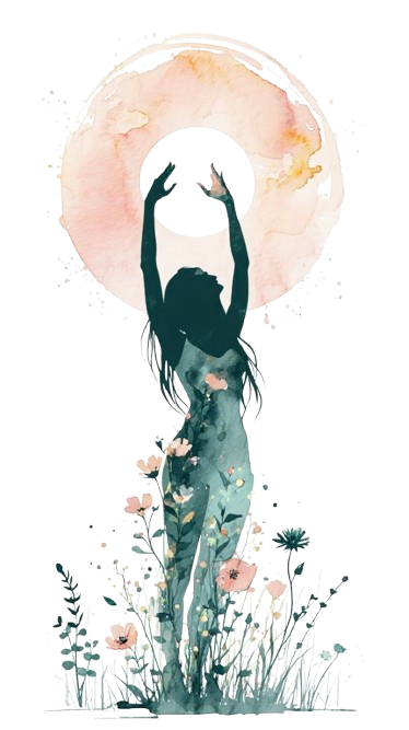 a water colour style image in pastel colours of a woman stretching her arms above her head and behind her hands glows a white sun with golden pink rays shining around it as an energetic circle. Surrounding here are wild flowers growing up to her waist. The image depicting inner growth and freedom  