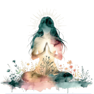 Watercolour style image in pastel colours of a woman with long ocean coloured hair sitting in lotus position with hands meeting infront of here heart in gratitide for have found her path, her inner peace, flowers are growing all around her and energy is shining like the sun was within her heart 