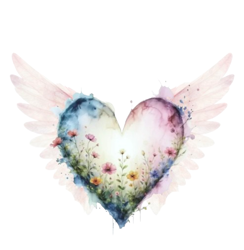 Ethereal watercolour heart with angel wings and flowers depicting Rahanni Celestial Healing 