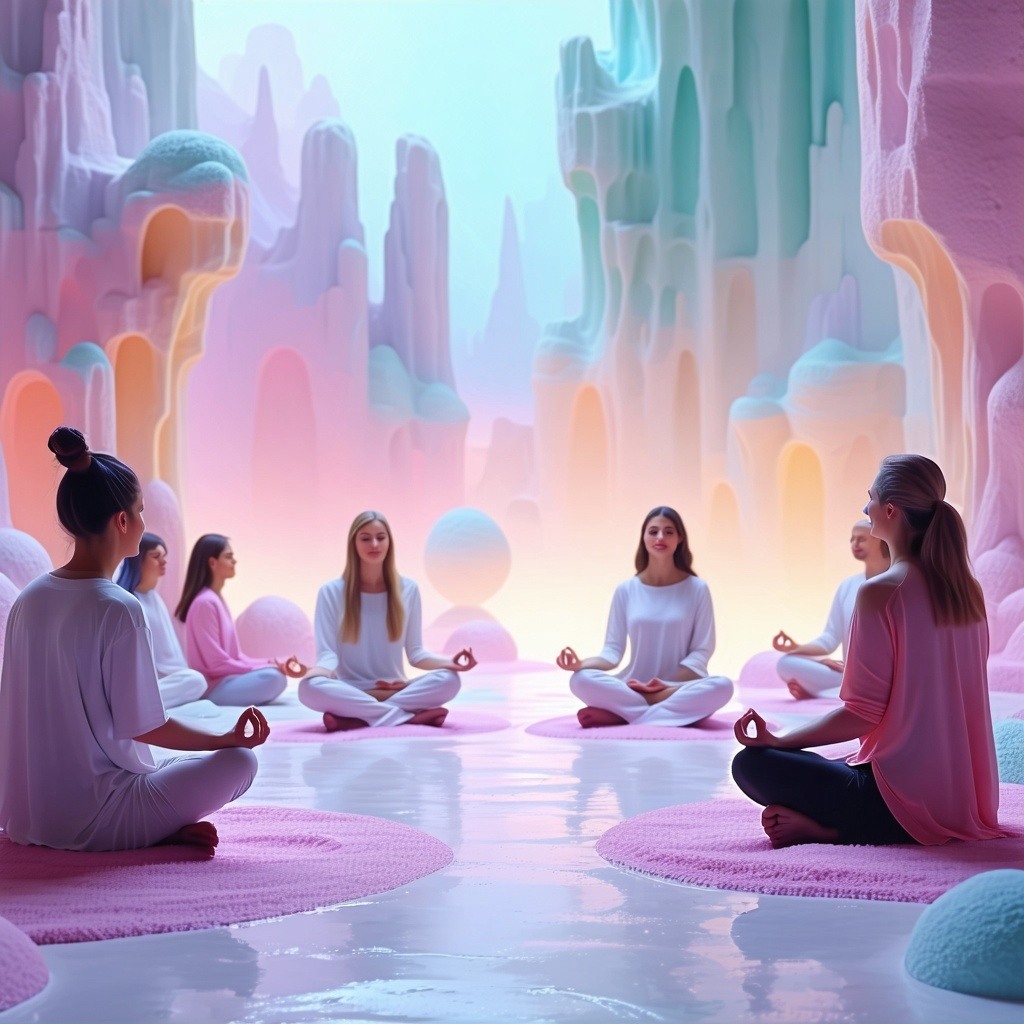 A small group of people meditating together pastel coloured dream realm-1 A small group of people meditating together pastel coloured dream realm-1