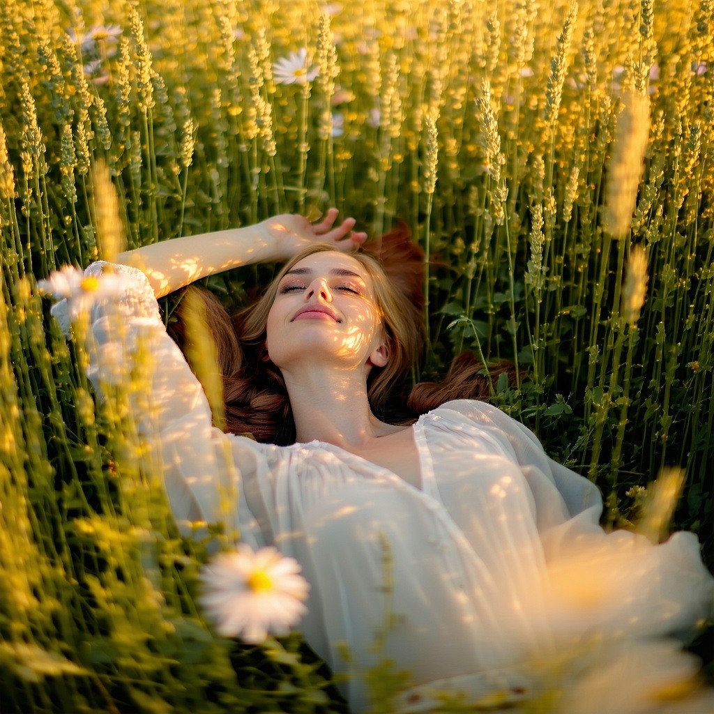 A woman lying in a field of tall grass and flowers the lighting is golden sunset-2 A woman lying in a field of tall grass and flowers the lighting is golden sunset-2