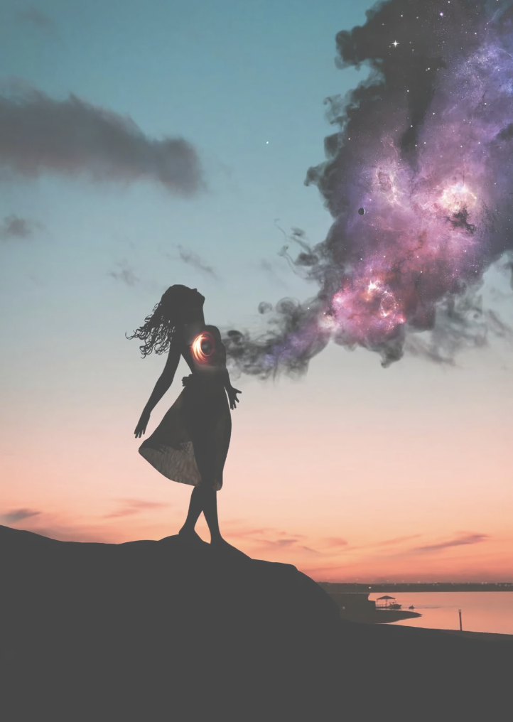 Artistic silhouette of a woman exhaling cosmic light, symbolizing the transformative and expansive effects of breathwork.